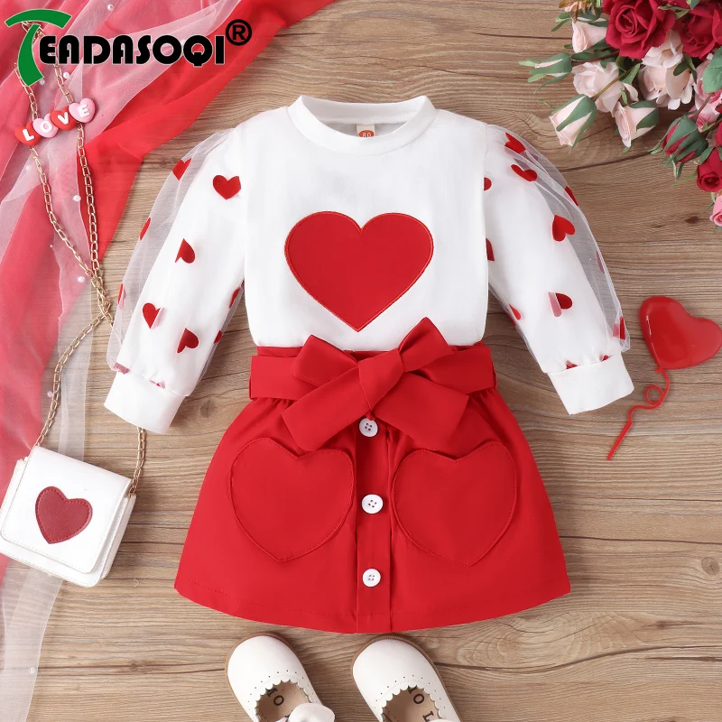 Toddler Baby Valentines Day Kids Girls Heart-shaped Print Bubble Long-sleeve Top With Skirt And Belt Children Clothes 3Pcs Sets