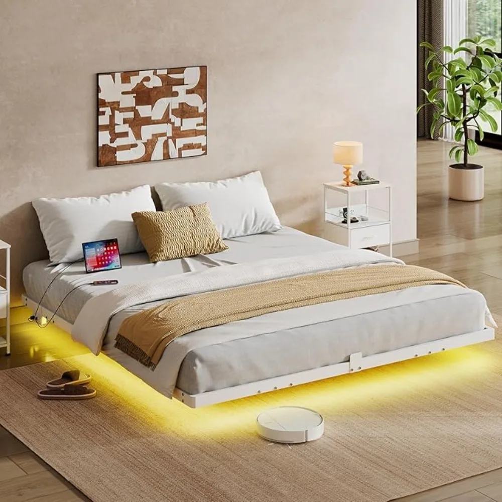 

King Bed Frame, 1500Lbs Heavy Duty Metal Platform with LED Light and Charging Station, No Box Spring Needed, Customized