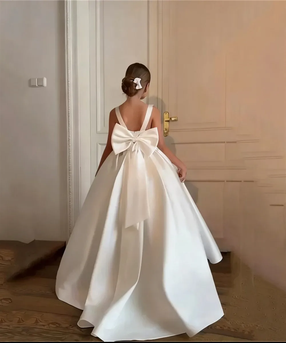Elegant Flower Girl Wedding Dress Stain Sleeveless with Bow Child Kids First Communion Birthday Gown vestidos de novia comunión