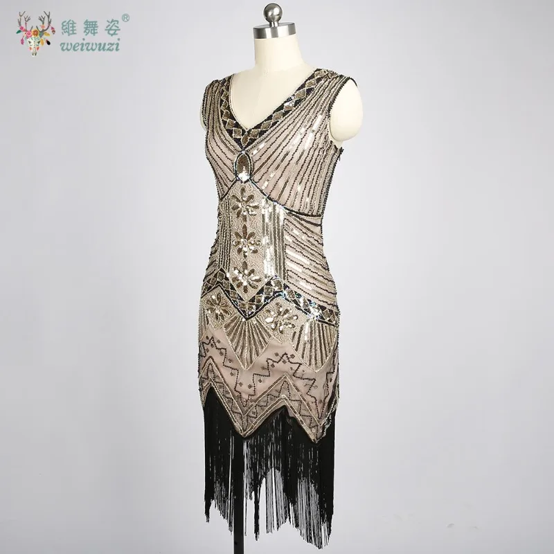 1920년대 여성 빈티지 드레스 V넥 민소매 비즈 스타일 고급스러운 연회 칵테일 파티 시퀸 태슬 이브닝 드레스