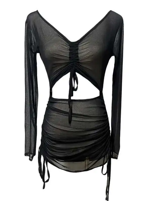 WOMENGAGA طويلة الأكمام الخامس الرقبة تي شيرت فستان قصير مطوي شاش شفاف مثير قصير فستان محكم التفصيل أنيق رقيقة أسود 9UUO