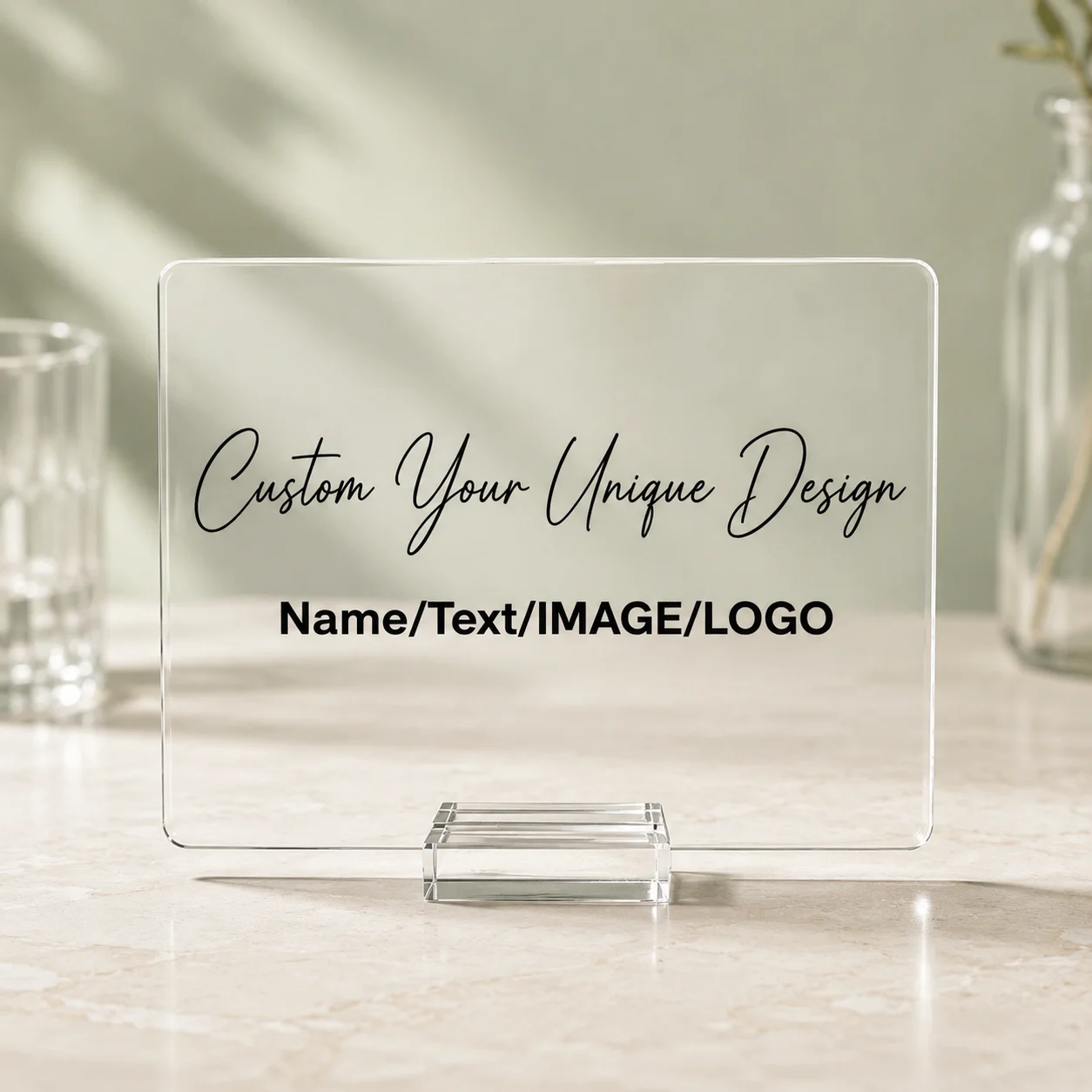 Custom Acrylic Sign Personalized Clear Plaque with Stand Text Logo Photo for Wedding Business Store Party Table Decoration view 4