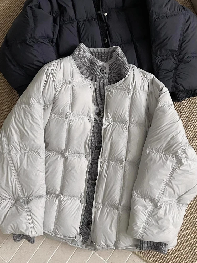 

Korean Style Simple Knitted Patchwork Fake Two-Piece down Jacket Women's Winter New White Duck down Stand Collar Warm Coat