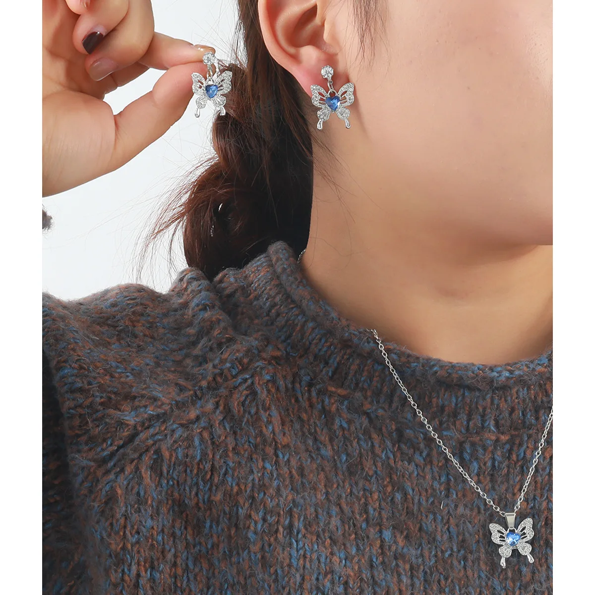 كامل الماس الفراشة قلادة المرأة خفيفة الوزن الفاخرة بسيطة أزياء ساحرة قلادة قلادة وأقراط مجموعة #2