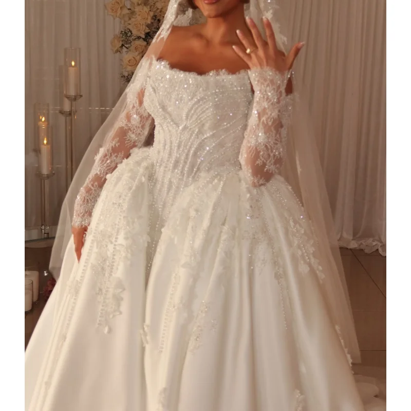 

2026 White Satin Luxury Sparkling Princess Dress Wedding Lace Pearl Button Detachable Sleeves Vestido De Novia Custom