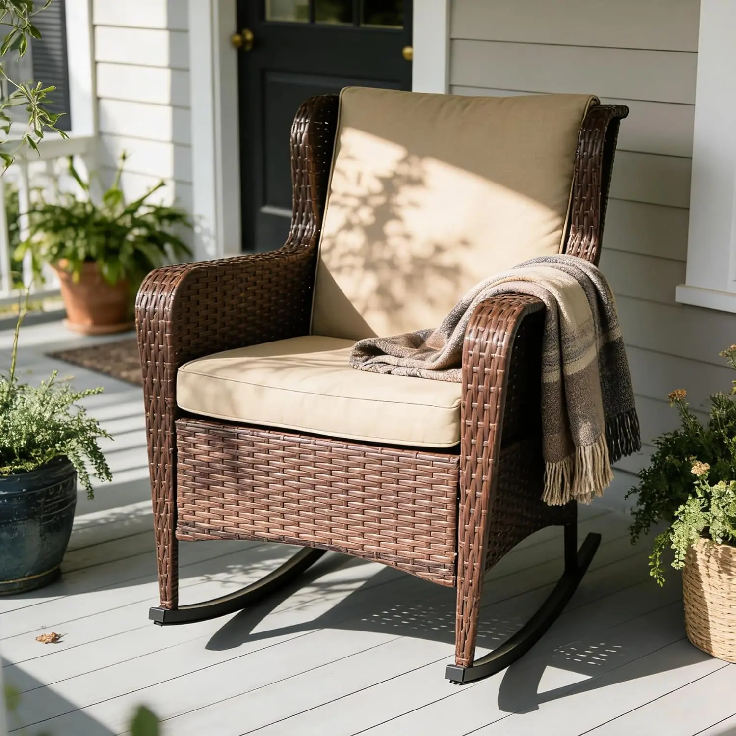 Resin Wicker Rocking Chair Olefin Cushion Patio Yard Club Rocker Brown Beige, Customized view 4