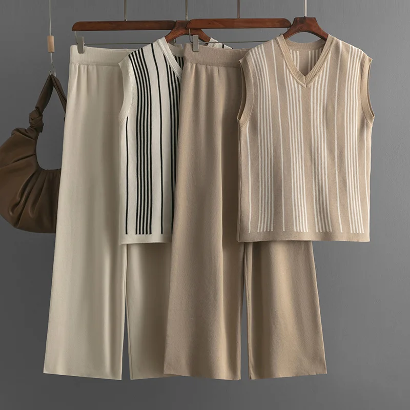 

Women Casual Knit Pant Sets V Neck Sleeveless Tops Vest Striped Two Piece Set Wide Leg Pants Suits Summer 2025 Office Lady