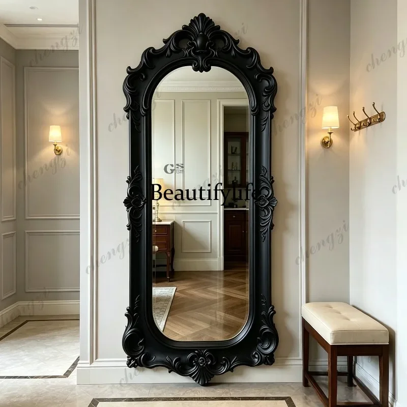 R French retro carved whole body, wall-mounted bedroom dressing mirror European style, floor-to-ceiling mirror cloakroom fitting