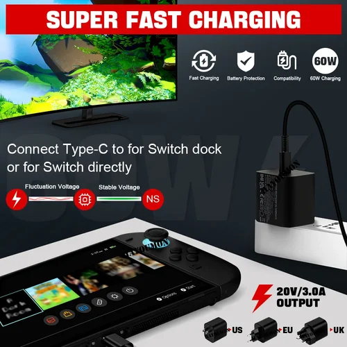 Imagen 2 del producto Adaptador de CA con enchufe UE/EE. UU., cargador rápido para consola de juegos NS Switch 2, carga de 60W, fuente de alimentación USB tipo C, cargador de pared para Swith 2