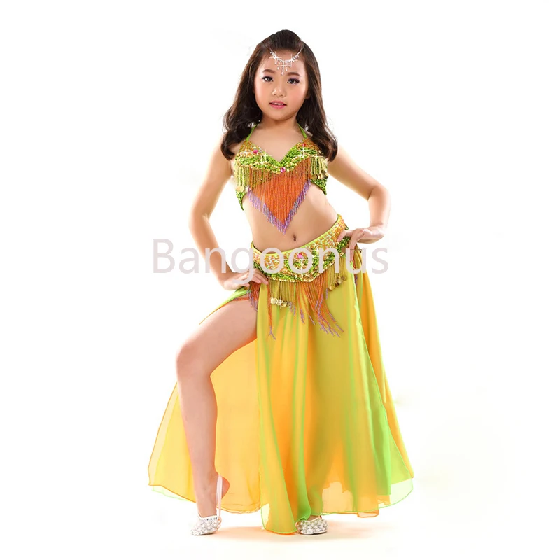 

New Kids Stage Performance Belly Dancing Clothes 3 pcs Set Oriental Outfit Bra Belt Skirt Girls Beaded Belly Dance Costume #868