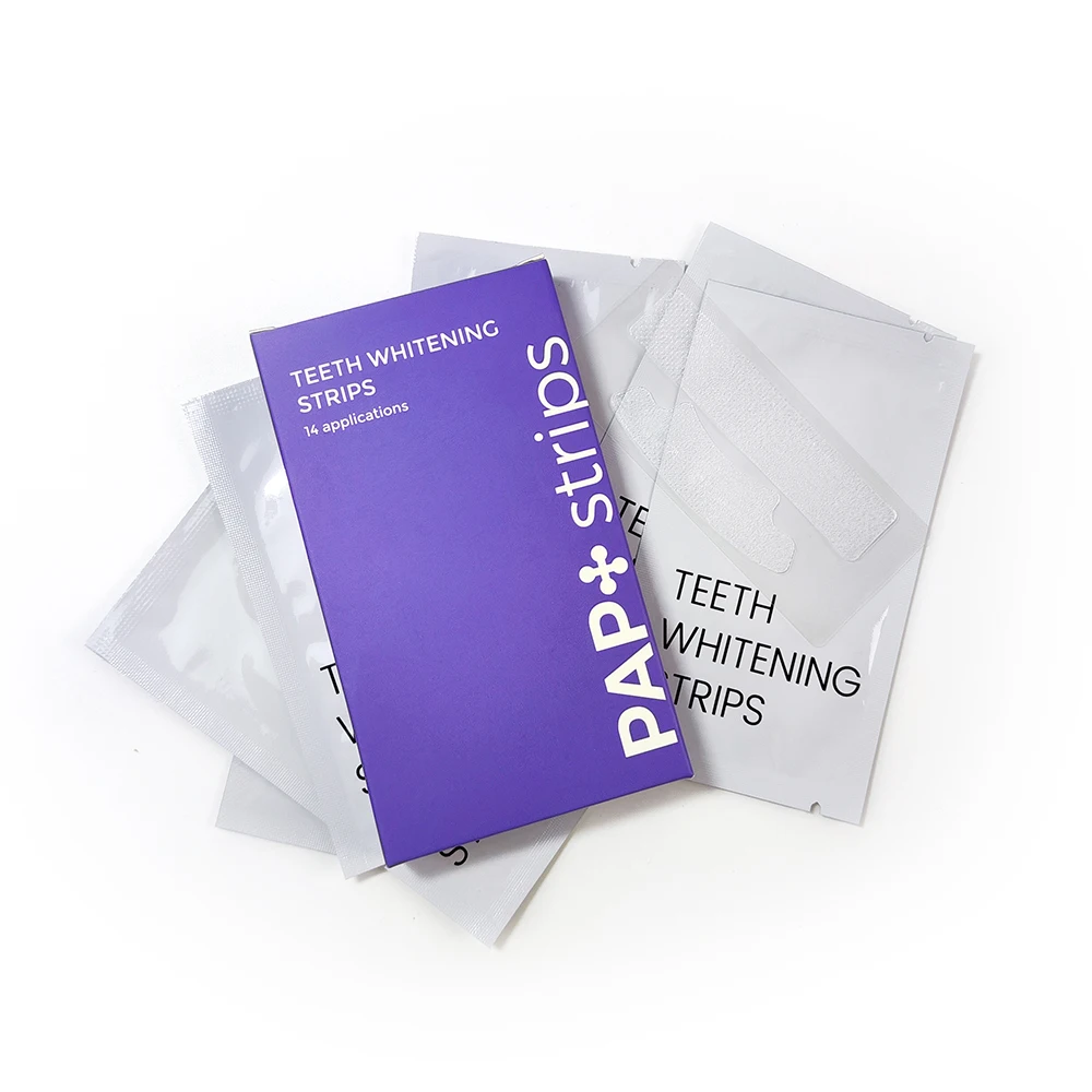 MOQ 5 Boxes, 7 Pairs 14 Strips Per Box, Mint Flavor, 30-Minute Use, 28pcs PAP + Purple Dentals Strips, Private Label