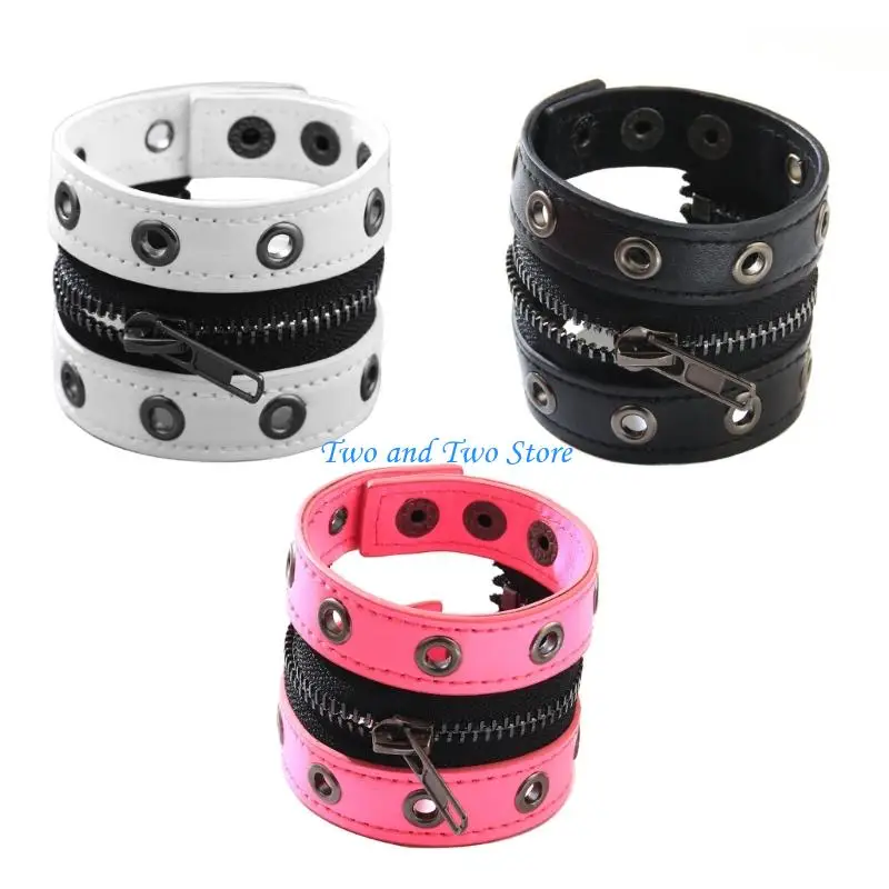HX6F Gothic Nietkettenarmband Verstellbares Verschluss weiches Kunstleder Unisex Accessoire