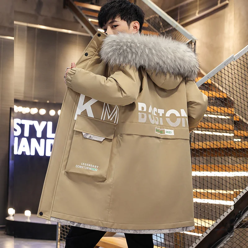 

Мужская утепленная хлопковая парка с меховым воротником, рабочая зимняя куртка средней длины, молодежная модная верхняя одежда в стиле Cleanfit