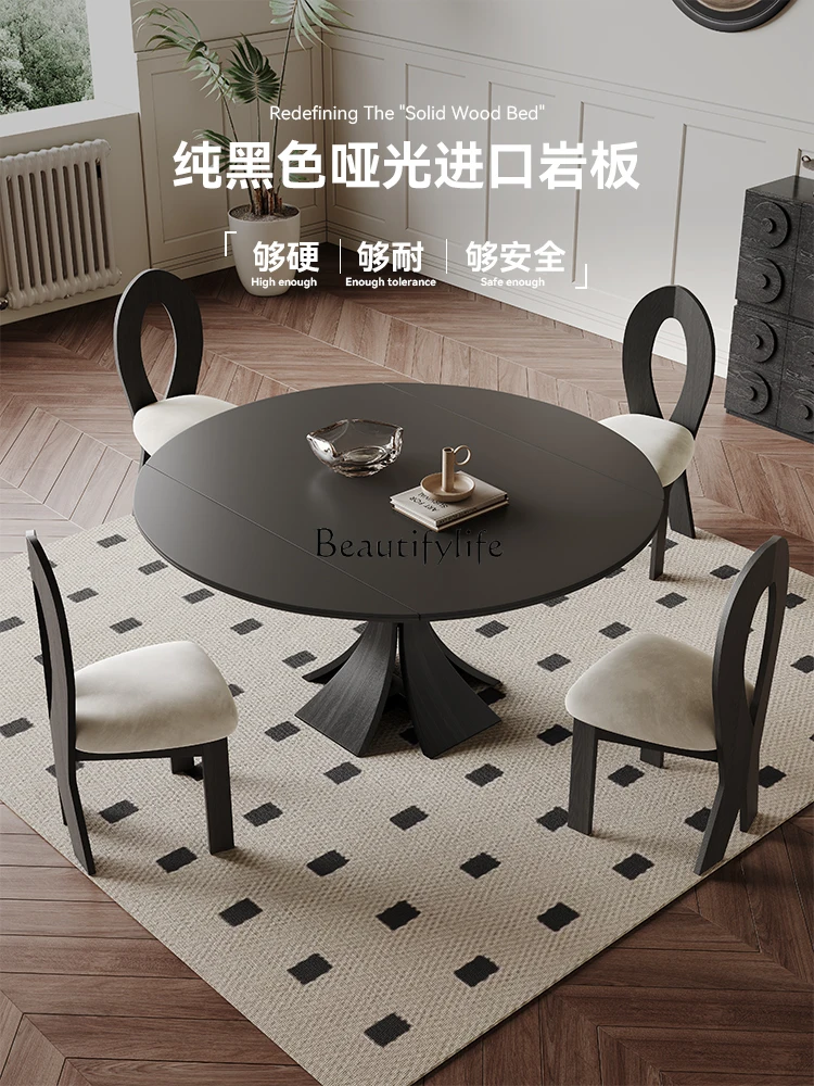 French Retro Pure Black Solid Wood Stone Plate Dining Table Retractable Square and round Dual-Use Modern Minimalist