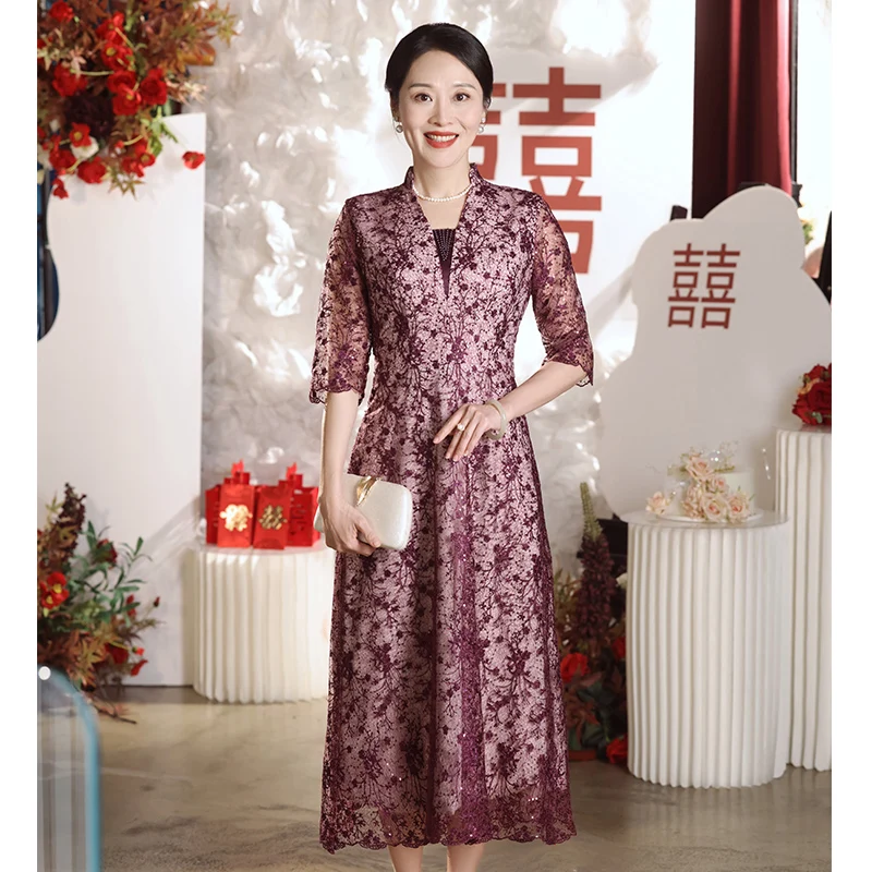 

Lace Women Midi Dresses For Wedding Party Elegant V-Neck A-Line Tea-Length Mother Of The Bride Dresses With Sleeves