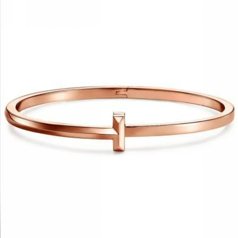 

Rose Gold T-Design Cuff Bracelet, Minimalist Solid Metal Bangle