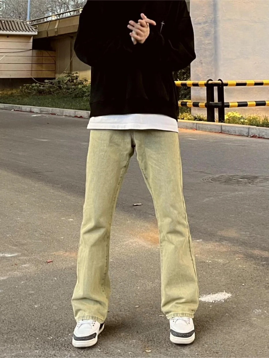 

American High Street Hiphop Vintage Faded Yellow Clay Colored Flared Jeans Men Straight Leg Slimming Drapey Versatile Pants