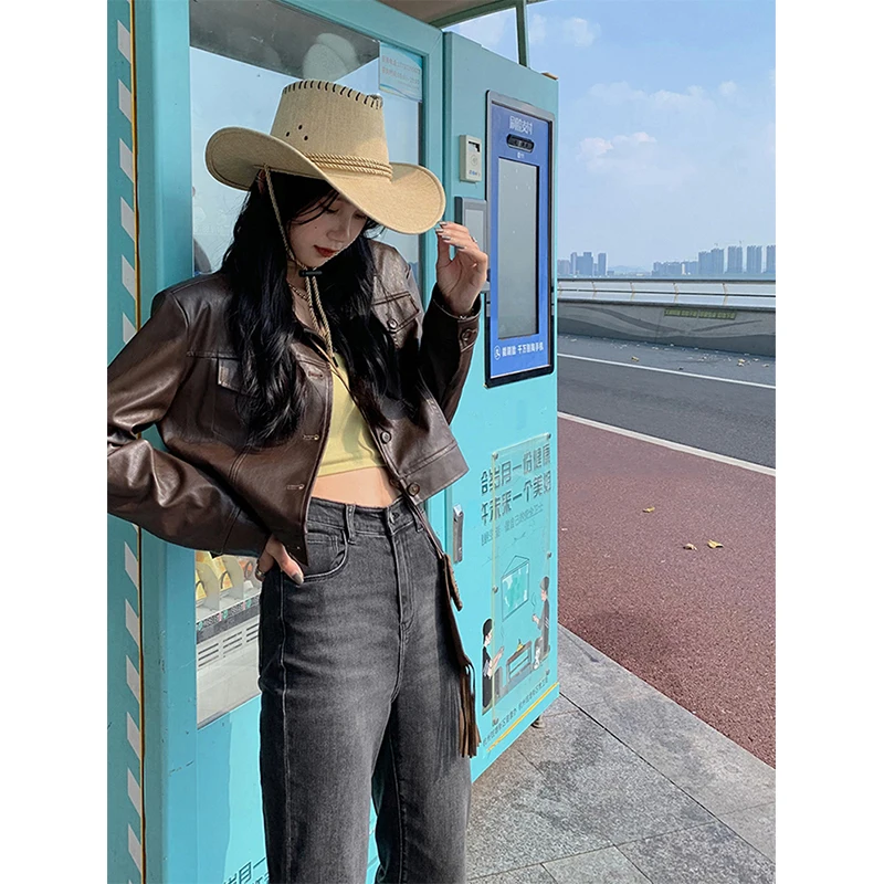 Vintage Pu Leather Short Jackets Women Motorcycle Cropped Coat Streetwear Korean Spring Autumn Brown Casual All Match Outerwear