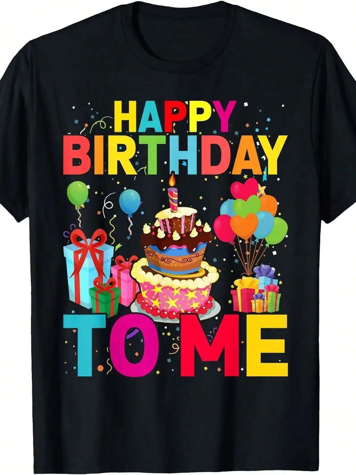 Colorful Happy Birthday T-Shirt, Decorated With Festive Cake And Balloon Patterns- Featuring Bright And Colorful Designs, Embellished With Gift And Confetti Elements, Perfect For Birthday Celebrations And Special Occasions,Suitable For All Seasons