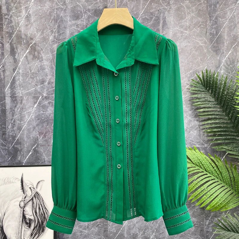 

Ele een Embroidered Silk Long Sve irt Hollow out Design Lantern Sle Top for Women Commute Pure Color Collar