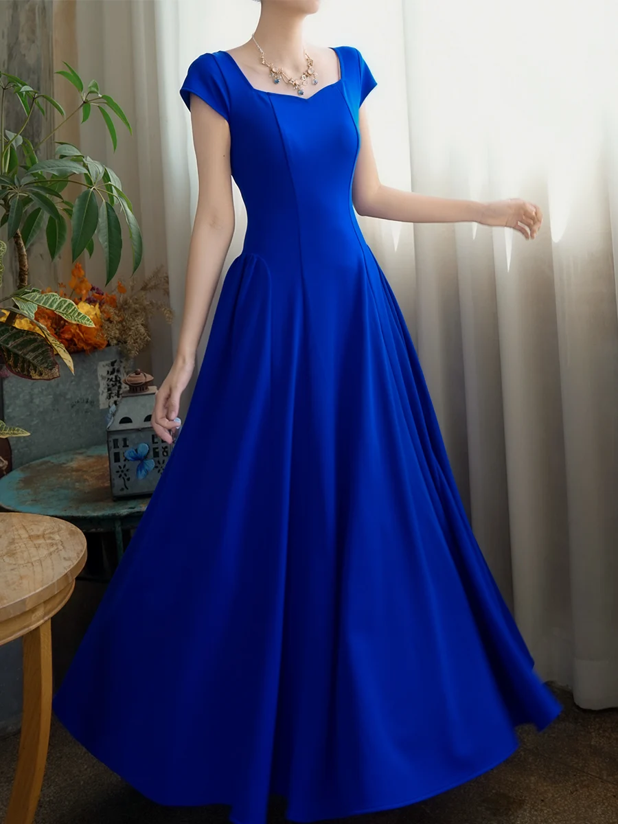 Elegant Original Klein Blue Midi Dress with Flared Skirt Slimming Long Dress for Women French Style Short Sleeve Zipper Back