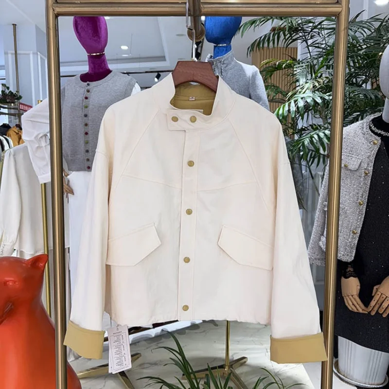 

Ретро корейский повседневный цветной блузка с воротником-стойкой Jaet ex Весна Осень Свободный топ Ele Faion Свободный крой