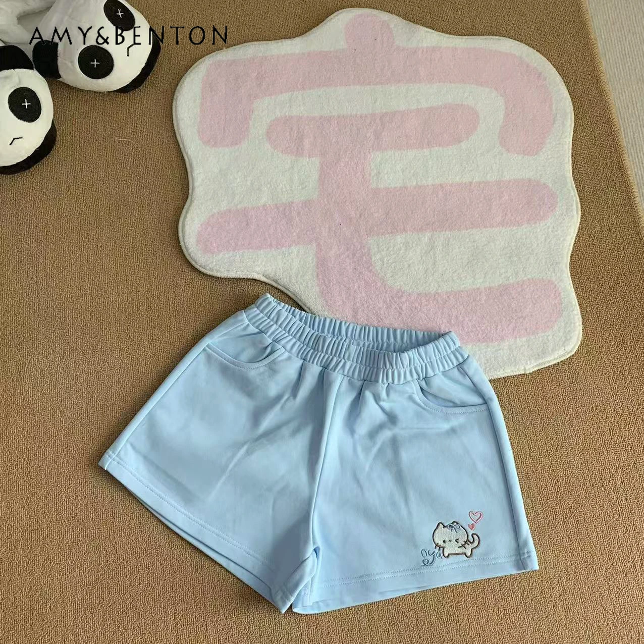 Cute Kawaii Cartoon Embroidered Shorts Summer New Japanese Preppy Style Solid Color Versatile High-waisted Slim Wide-leg Pants