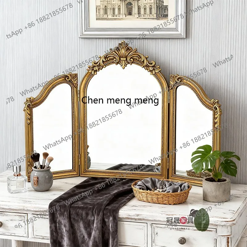 French retro three-fold makeup mirror gold carved folding mirror desktop light luxury vanity mirror