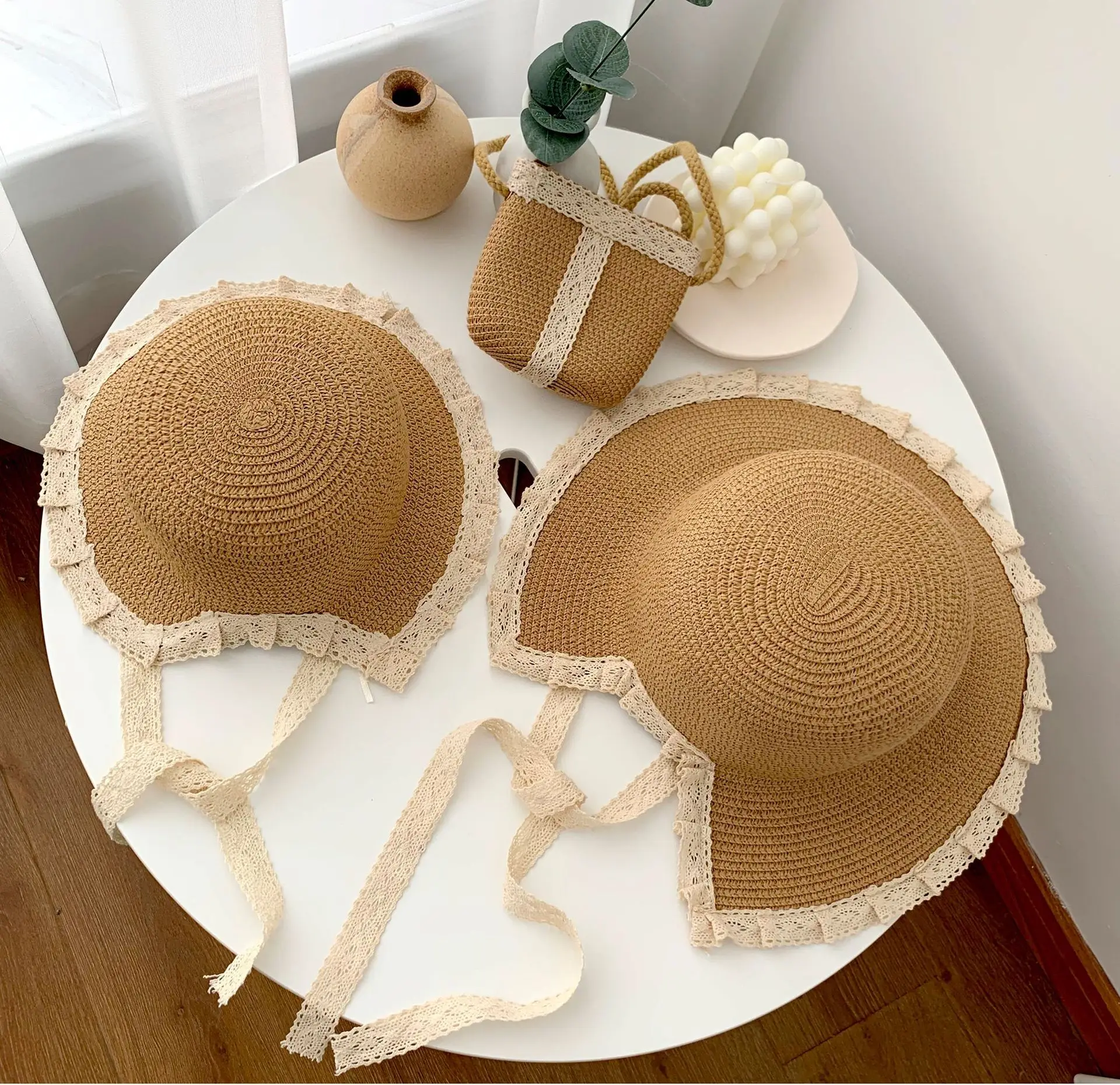 

OMEA straw hat kids sun hat mother and me wide brim beach hat women bucket hat designer Adjustable lace Ribbon children bag