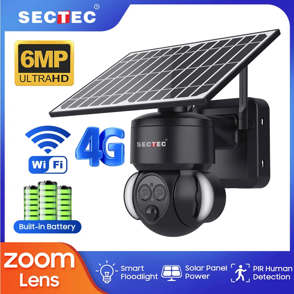 

SECTEC 12X ZOOM 6W Floodlight Solar Surveillance Battery PTZ Camera 4G Sim Solar Security Cameras Wifi Outdoor Night Vision