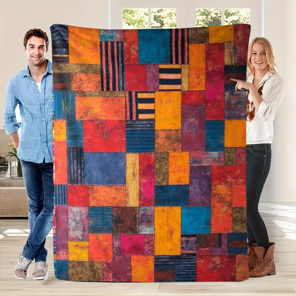 Boho Abstract Geometric Patchwork Throw Blanket for Sofa Bed Living Room Decor Large 150x200cm