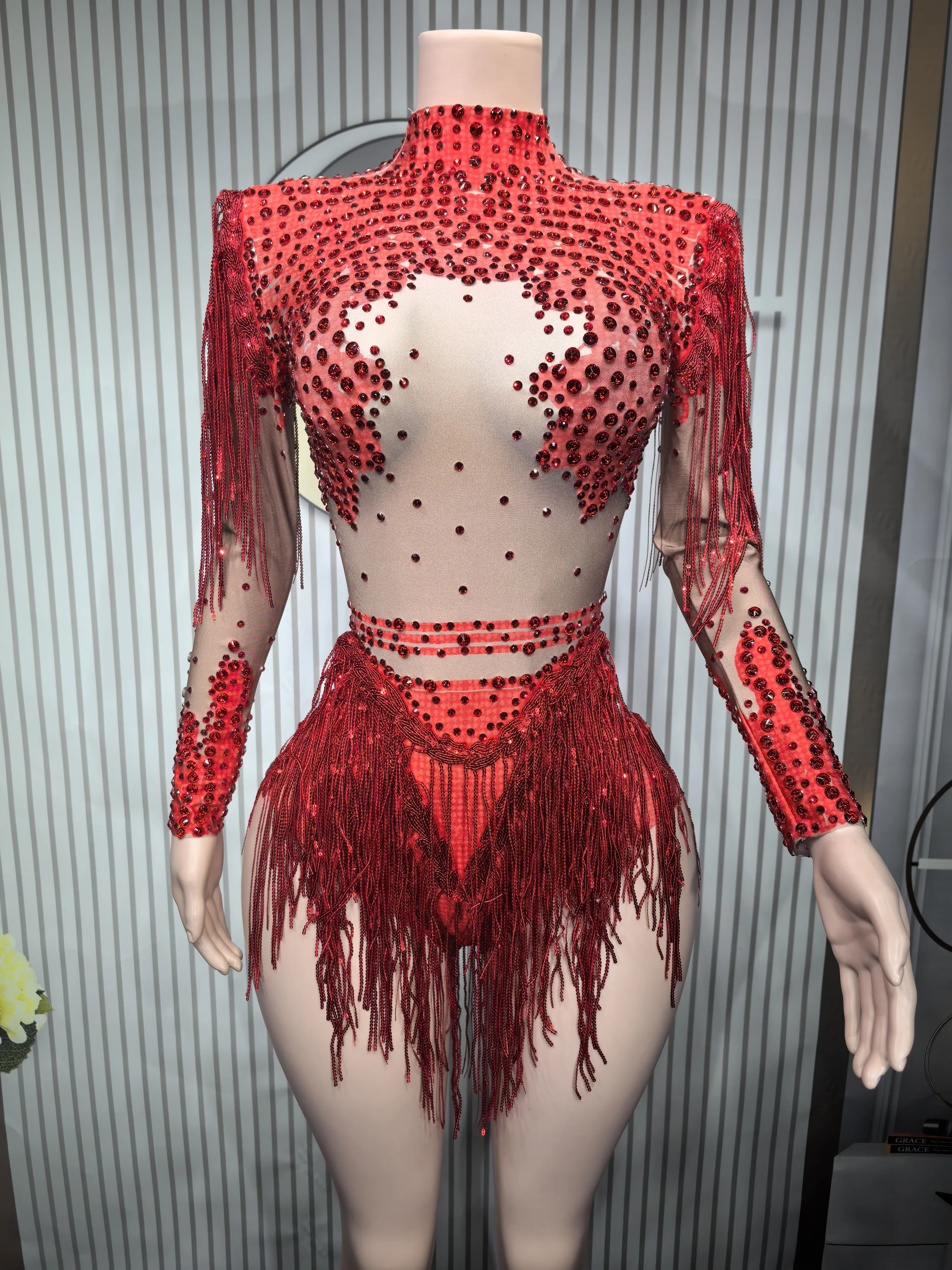 Gold Silver Sequins Tassel Elastic Bodysuit Sex)Pole Latin Dance Stage Wear Nightclub DJSinger Dancer Performance Costume Q025
