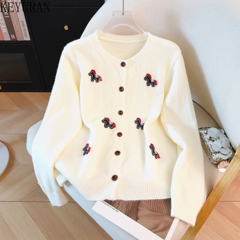 

Stylish Embroidery Knitted Cardigan Sweater Women New Spring Korean Elegant Chic O-neck Long Sleeve Knitwear Tops Ladies Jumpers