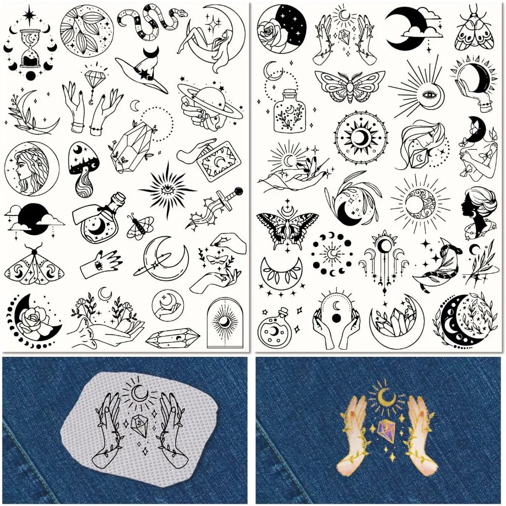 51Pcs Boho Moon Sun Water Soluble Embroidery Stabilizers Patterns Magic Tarot Hand Sewing Stick and Stitch A4 Transfers Fabric