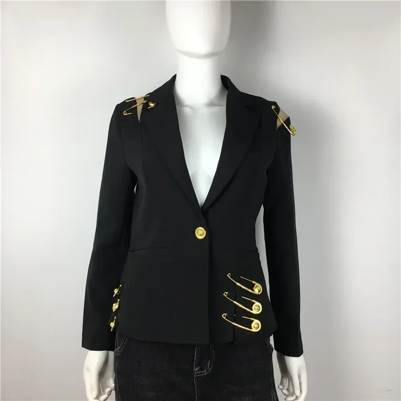 Autumn Spring New Fashion 2024 Women\'s Hollow Out Mesh Spliced Full Sleeve Metal Buttons Pin Casual Black Blazer