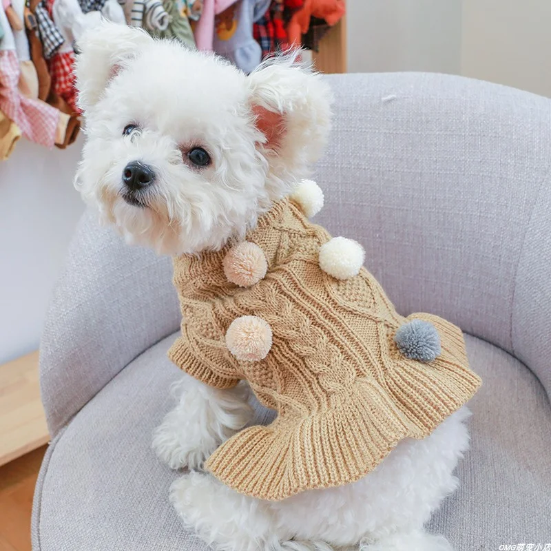 1PC Pet Apparel Dog Autumn and Winter Thickened Warm Pink Coffee Ball Knit Pullover Sweater Dress For Small Medium Dogs