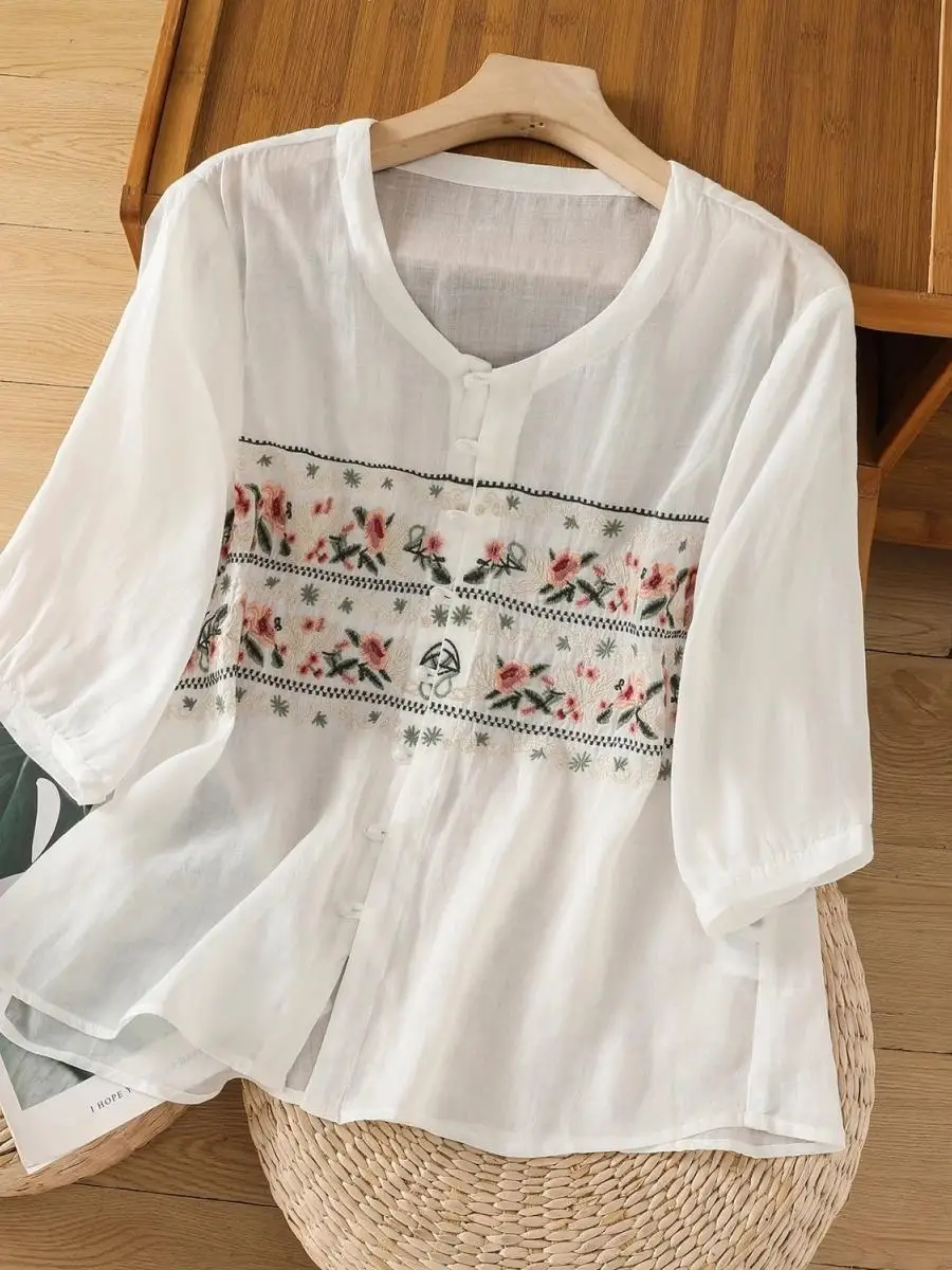 

Summer Cotton Linen Embroidered Loose Casual Shirt Women's Versatile Seven-Quarter Sleeve Top National Style Artistic Retro
