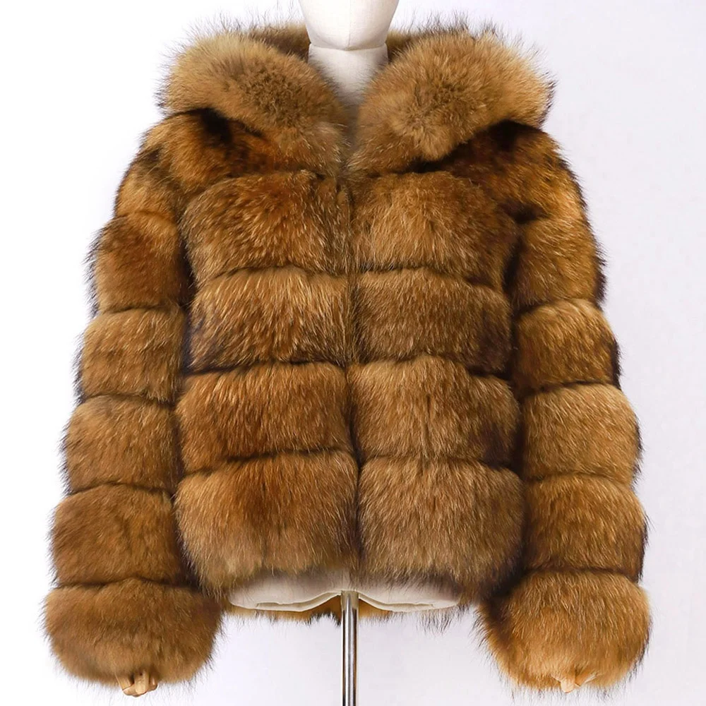 Wholesale Plus Size Hooded Raccoon Fur Jacket Women 2023 Winter Warm Long Sleeve Natural Fur Coat Ladies Outerwear