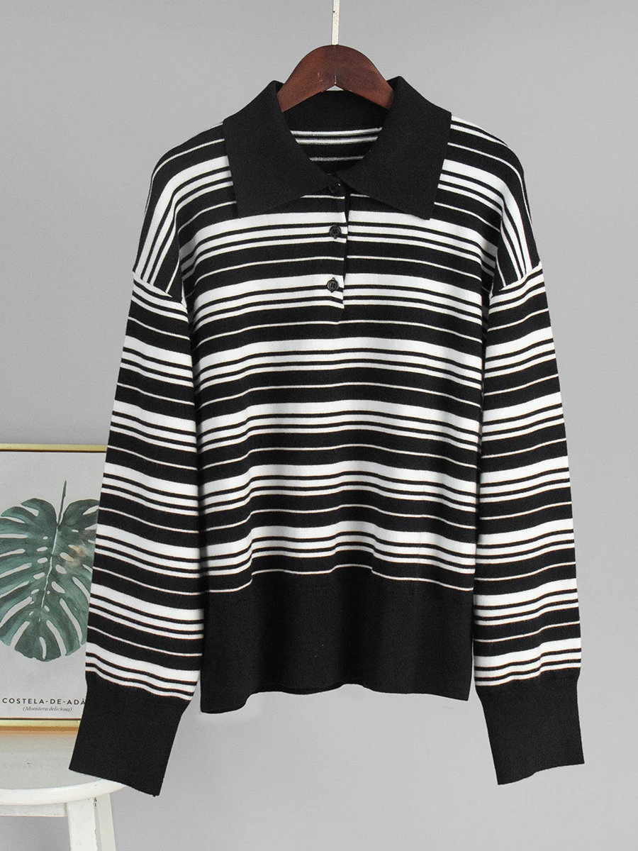Vintage listrado de malha camiseta feminina outono botões turndown colarinho manga longa camisetas simples moda casual pulôver topos