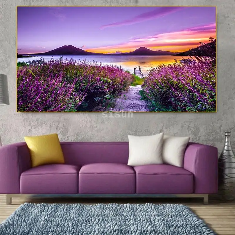 Lavender Field Canvas Wall Art Purple Flower Landscape Painting Modern Home Decor Poster for Living Room