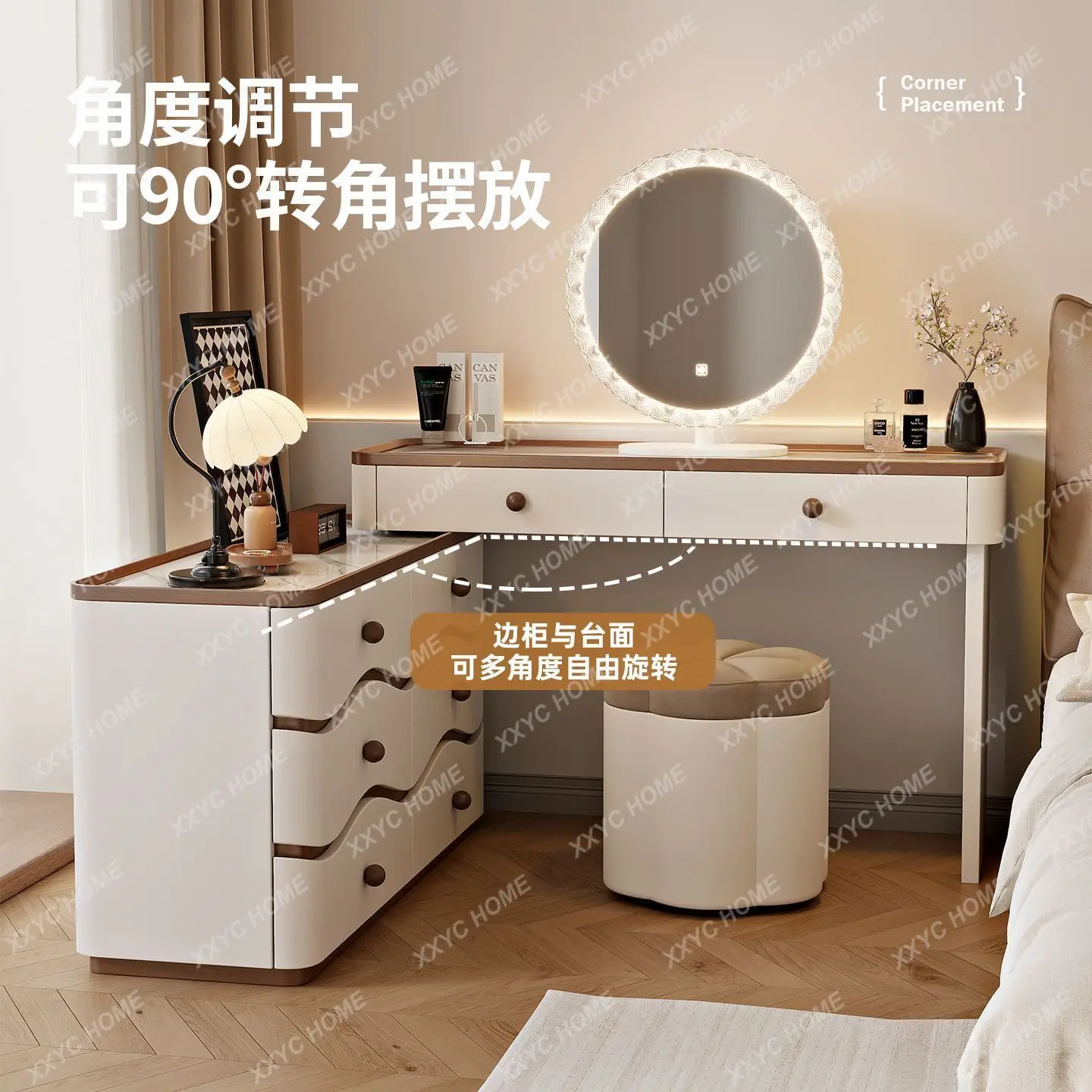 Cream bucket cabinet integrated bedroom solid wood frame rounded corners wavy pattern design dresser gentle and retro