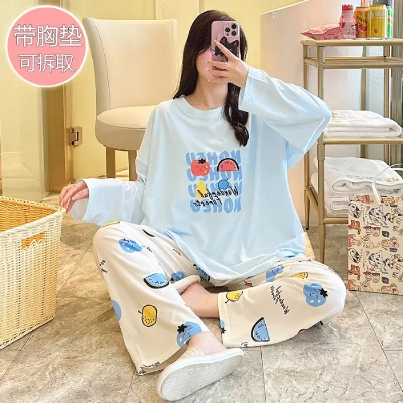 5XL Plus Size Ladies Pajamas Set with Chest Pad Korean Autumn Students Loose Loungewear Long Sleeve Tops and Trouser Home Wear