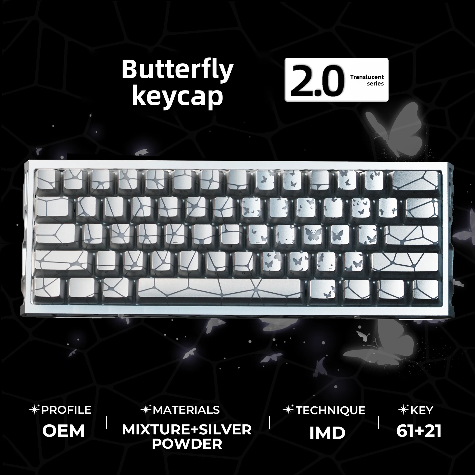 Metallic Silver Butterfly Keycaps Set 61/118pcs