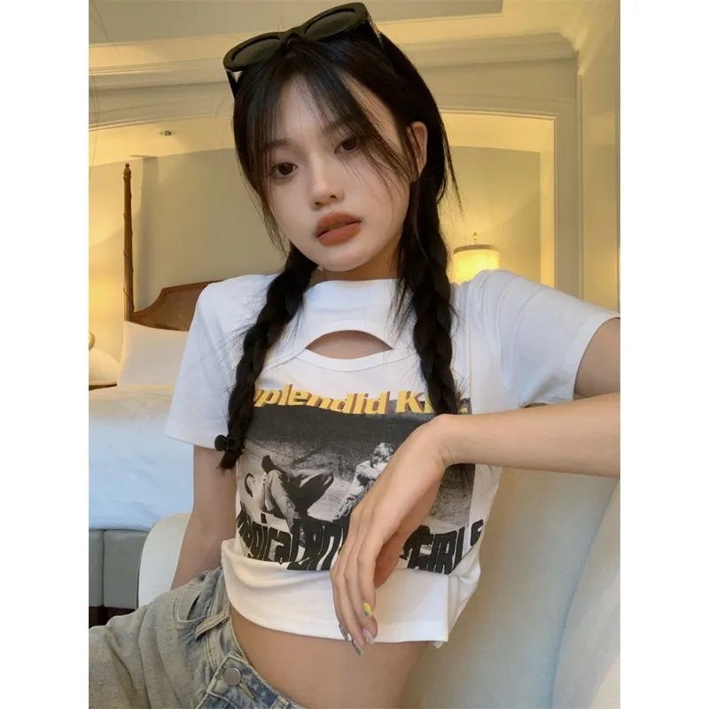 الجوف خارج المحاصيل الأعلى قصيرة الأكمام طاقم الرقبة تي شيرت تقليدي الصيف موضة المحملة للنساء Y2K مثير الأعلى كل مباراة الشارع الشهير جديد