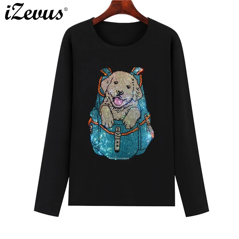 New high-quality women's autumn and winter long-sleeved bottoming leisure T-shirt creative cute dog backpack drill figure T-shir