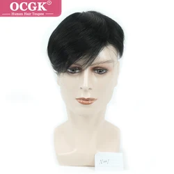 N001 Toupee For Man Human Hair Wig With Clips Machine Made Injection Basic Style Finished Hairstyle Oblique Bangs Hairpiece Men