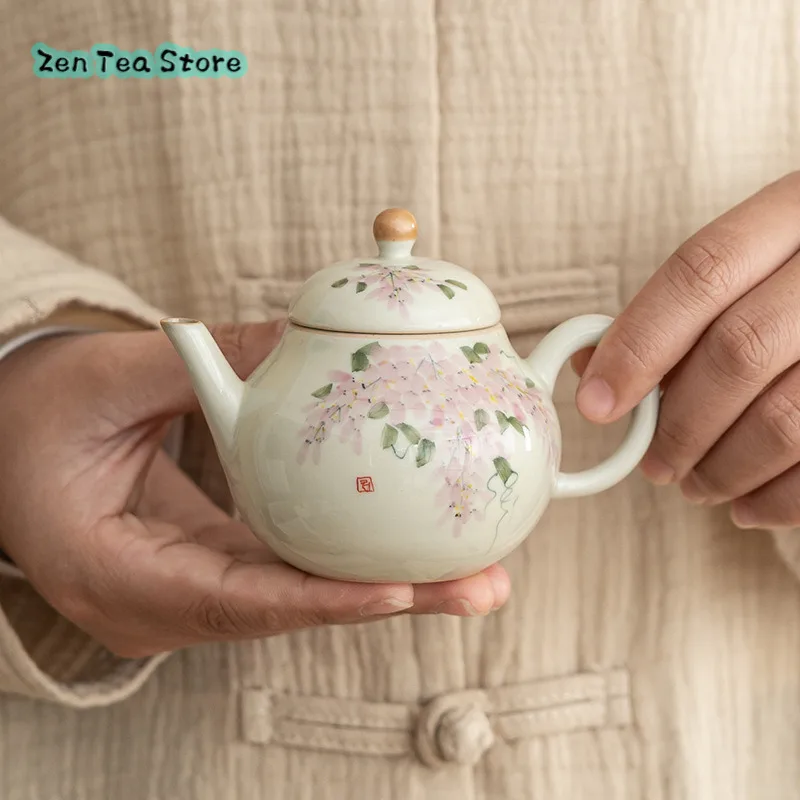 Hand-painted Wisteria Flower Pear Pot Ceramic Teapot Filter Ball Hole Under Glaze Color Kung Fu Teapot Small Capacity