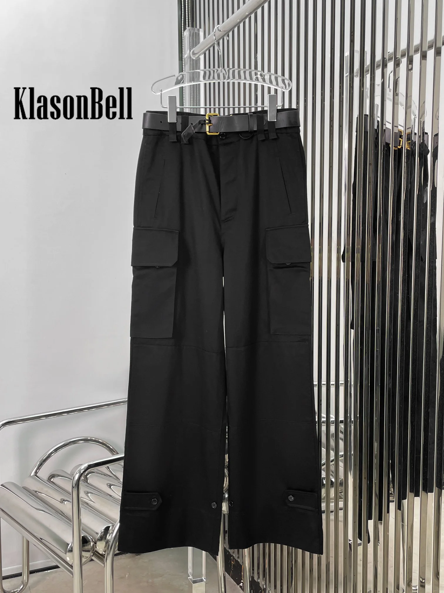 7.5 KlasonBell Women Black Cargo Trousers Women Fashion All-matches With Genuine Leather Belt Pocket Design Straight Pants