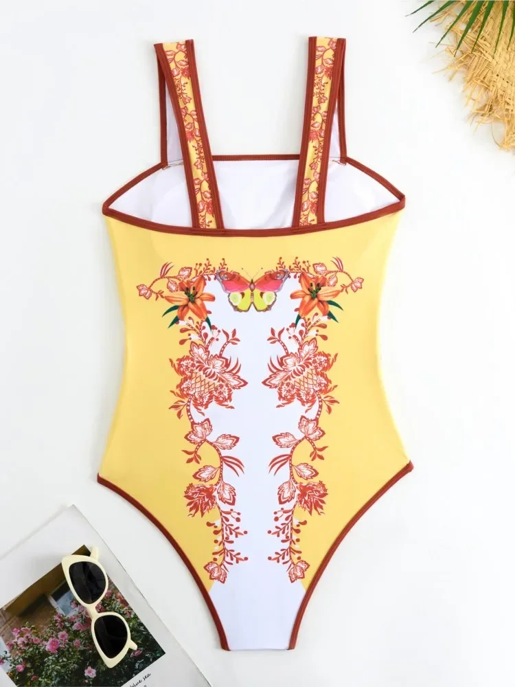 Retro Bikini Printed Fashion One Piece Swimsuit And Cover Up With Skirt Tight Women's Bandage Summer Beach Luxury Elegant