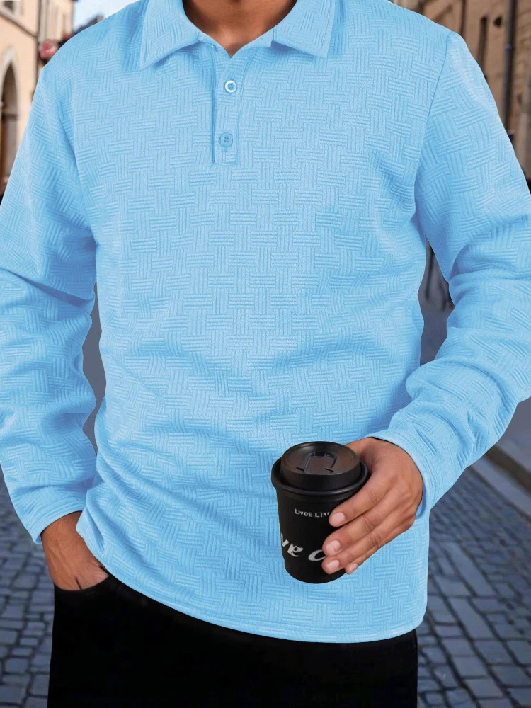 Spring Fall Fashion Men's Pullover Tops Casual Solid Color Long Sleeve Polos Men Vintage Button-up Turn-down Collar Polo Shirts